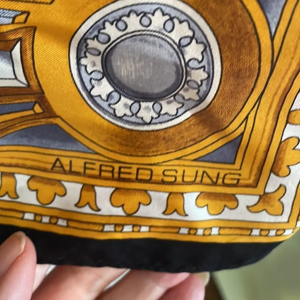 Vtg Alfred Sung black, gold, gray & white silk sun‎ astrology large square scarf